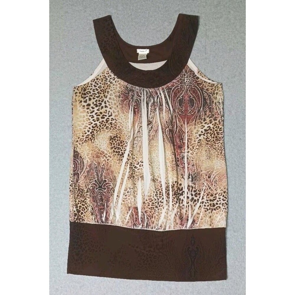Studio Y Y2K Sleeveless Blouse Womens Size Medium Brown Leopard Print Paisley...
